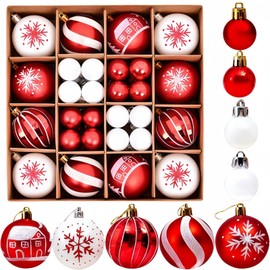 MHwan Christmas Baubles, Pack of 44 Beautifully Painted Christmas Baubles, Plastic, Shatterproof and Durable, Sparkling Christmas Tree Decoration, 6 cm and 3 cm, Red and White Christmas Tree Baubles