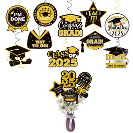 Chris.W 15 Pcs Graduation Party Decorations 2025, Black and Gold Graduation Hanging Swirls and Glitter Double-Sided Graduation Centerpieces for Tables, Class of 2025 Graduation Party Decorations (A)