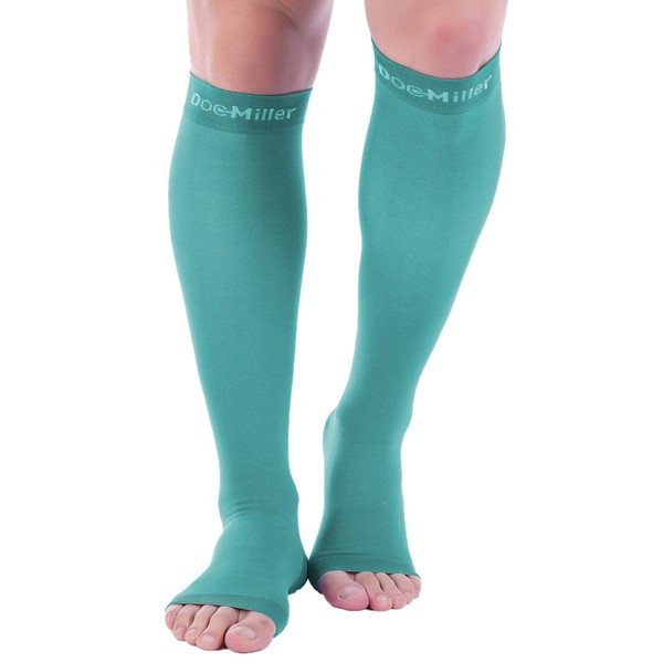 Doc Miller Open Toe Compression Stockings - 1 Pair 20-30 mmHg Strong Graduated Support for Circulation Surgery Recovery Varicose Veins Lymphedema (Teal, M)