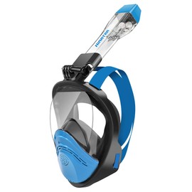 HINATAA 180°Full Face Snorkel Mask,Double Floating Ball Design Anti-Leak Free Breathing,Full Dry Anti Fog Breathing System Snorkeling Mask,Professional Snorkeling Set (Black Blue, S/M)