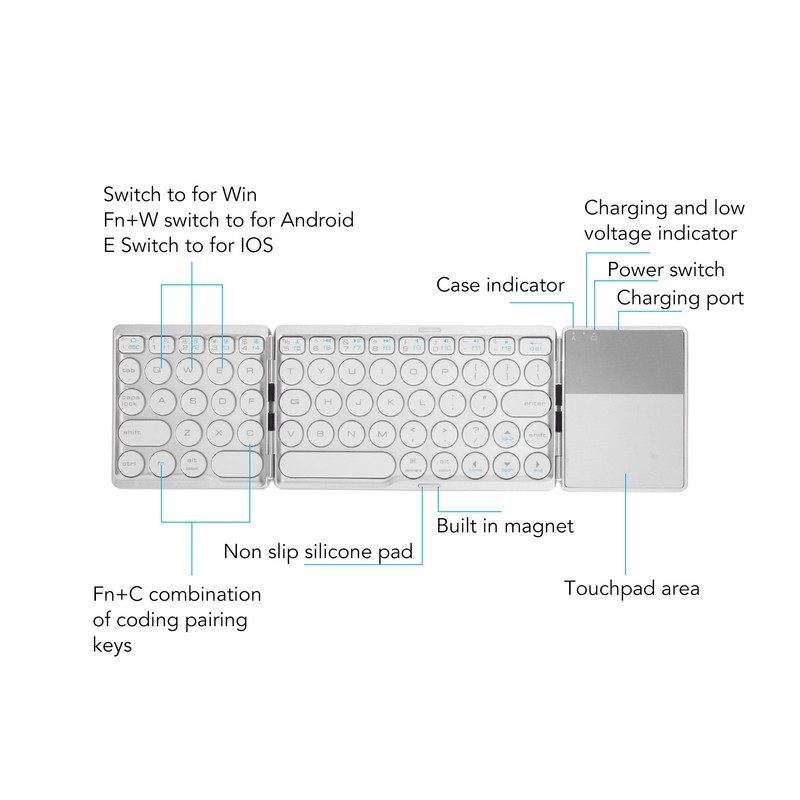 Round Key Bluetooth Foldable Keyboard with Touchpad Universal 140mAh Wireless