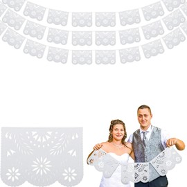 9 Pieces White Papel Picado Banner Cielito Lindo Party Decoration for Parties, Wedding, Baby Shower, Bautizos (16.4 Ft)