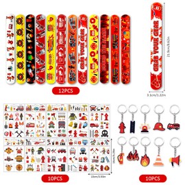Fireman Party Bags, Fire Brigade Decoration Children's Birthday, 10 Keyrings, 12 Snap Bracelets, 10 Temporary Tattoos, Fire Brigade Toy, Fire Brigade Toy for Boys