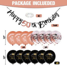 Happy 50th Birthday Banner Black Rosegold, 16 PCS 50th Birthday Decorations Kit with Happy 50th Birthday Banner Bunting 12 Inch Latex Confetti Balloons for Women 50th Birthday Party Decorations
