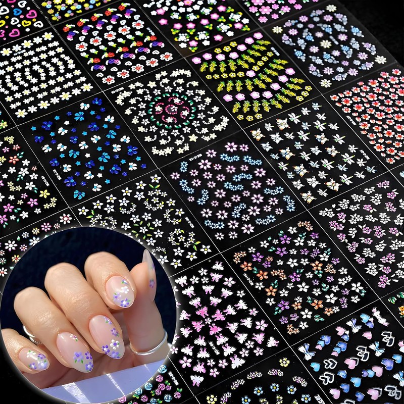 30 Sheet Flower Nail Art Stickers Colorful 3D Self Adhesice