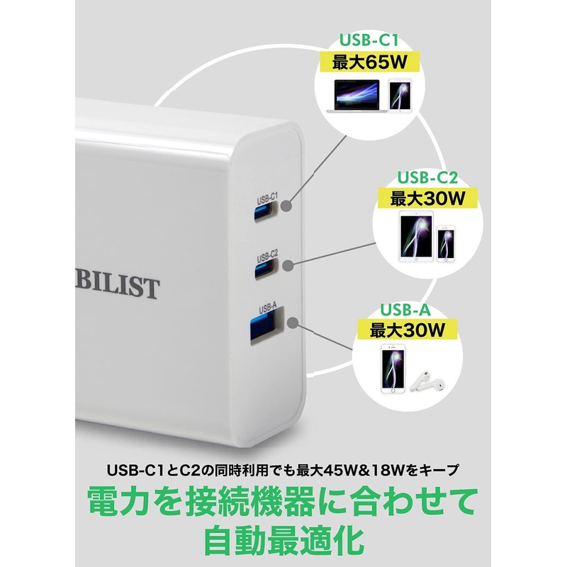 PD Charger, USB Type-C 65W, 3 Ports, GaN Foldable, PSE