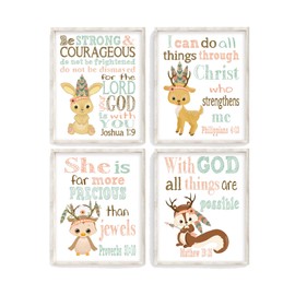 Boho Tribal Woodland Christian Nursery Decor Set of 4 Unframed Prints Owl, Deer, Rabbit, Squirrel with Bible Verses