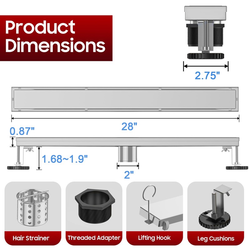 DLONE Linear Shower Drain | 28" AISI 304 Stainless Steel