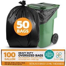 PlasticMill Heavy Duty Trash Bags - Black Garbage Bags - Plastic Trash Bags for Large Rolling Trash Bins - Tall Trash Bags - 100-Gallon Large Kitchen Trash Bags, 1.3 Mil, 67"x79" (50-Count)
