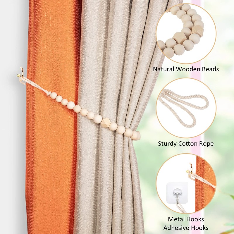 Wood Bead Curtain Tiebacks, KLOGTSIND Set of 2 Curtain Holdbacks