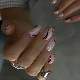 Multicolor Wavy Stripe Glue on Nails Medium Almond Press on Nails Glossy Artificial False Nails Reusable Acrylic Stick on Nails for Women Girls