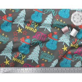 Soimoi Gray Viscose Chiffon Fabric Snowman & Tree Christmas Print Fabric by The Yard 42 Inch Wide