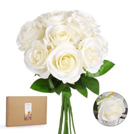 ZUVYRO 20PCs Realistic White Roses Artificial Silk Flowers with Long Stems, Real Touch Fake White Roses Bulk for Arrangement Wedding Party Home Table Decor,DIY Bouquet