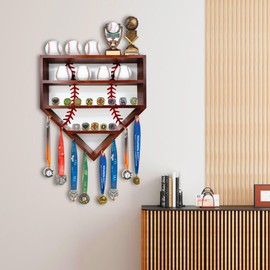 Montex Baseball Holder Display Case, Baseball Display Case, Ring Holder Display, Wall Mounted, Extra Space for Medals and Name Tags, Walnut Color