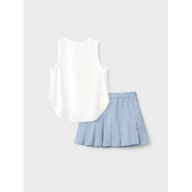 PATPAT Girls 2 Piece Tennis Skirt Set Size 7-8 White Tank Tops and Blue Skort Athletic Sets Sleeveless Tops + High Waisted Pleated Skort 2 Piece Outfits Girl Clothes Tennis Outfit Kids Activewear