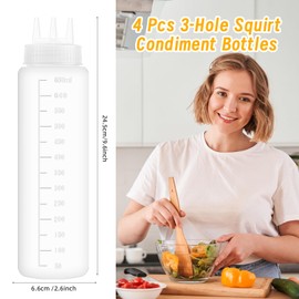 Thrseely 4-Pack 23oz Plastic Squeeze Bottles, Condiment Squirt Bottles Refillable Sauce Dispensers with 3-Hole Nozzle for Ketchup, Syrup, Dressing, Oil, Honey