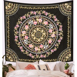 ANJANIYA Floral Tapestry Wall Hanging Indian Tapestry Dorm Decor Mandala Tapestry Hippy Wall Art Psychedelic Hippie Wall Hanging Bohemian Decor (Black, 30"X40")