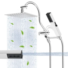 Hibbent All Metal cUPC Certified Shower Head, 10'' High Pressure Rainfall Shower Head, Showerhead Combo, Handheld Shower Wand, 12'' Adjustable Extension Arm, 4-Spray, 71'' Hose, Shower Holder, Chrome