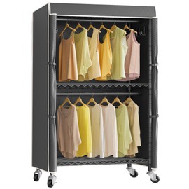 VIPEK R2C Heavy Duty Rolling Garment Rack with Cover, Portable Closets with Double Rods & Lockable Wheels, Covered Clothing Rack for Hanging Clothes, Black Rack with Black Upgarded Polyester Cover