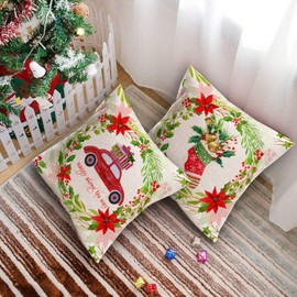 Tlovudori 4Pack Xmas Christmas Decor Throw Pillow Covers Merry Christmas Red Truck Elk Postcard Bell Socks Mistletoe Garland Boxwood Cotton Linen Pillowcase Cushion Cover for Sofa 18”x18” (XC-Wreath)