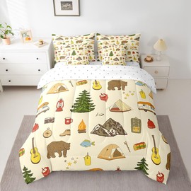 Camping Adventure 7Pcs Comforter Set Full Boys Teens Girls Kids Room Decor Cartoon Bear Tent Mountain Tree Fitted + Flat Sheet Outdoor Life Bedding Set Traveling Lover 2 Pillow Cover,2 Pillowcases