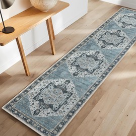 Carvapet Vintage Area Rug Boho Soft Rug Non-Slip and Stain Resistant for Kitchen,Living,bedrooms,hallways,Children's playrooms and Dining Room Carpet Mat(2X10,Blue)