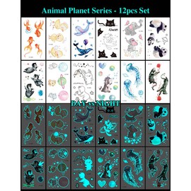 12 Sheets Glow in the Dark Tattoo Sticker Waterproof - Temporary Tattoos - Animal Cat Elephant Penguin Whale Minimalist Designs - Makeup Body Art Tattoo Sticker Pack for Adults Kids - 10.5x6CM - SteadyINK®