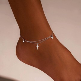Kokoma Dangle Cross Anklet 925 Sterling Silver Layered Chain Dangling Charm Star Heart Ankle Bracelet Anklets Summer Holiday Foot Jewelry Gifts for Women