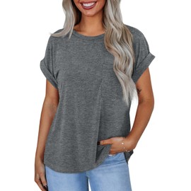 Tankaneo Womens Summer Cap Short Sleeve T-Shirts Casual Round Neck Tunic Tops Loose Fit Basic Tees with Pocket Grey