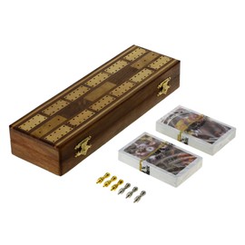 Ajuny Traditonal Wooden Cribbage Board Game with 6 Metal Pegs and 2 Deck of Cards with Storage Area Board Size 10x3x1.75 Inches