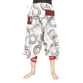 RaanPahMuang Japanese Formal Edo Courtesan Pants with Tied Cuffs and Woven Patches, X-Large, Poplin Cotton - Ellipse - Cream Black