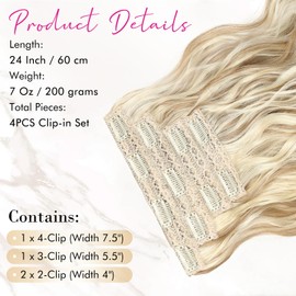 REECHO Clip in Hair Extensions, 4PCS Hair Extensions 24" Thick Long Beach Waves hair extensions HE003 Invisible Lace Weft Natural Soft Hairpieces for Women (Honey Blonde with Highlights)