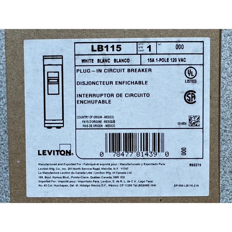 Leviton NEW Leviton LB115 Plug-In Circuit Breaker, 15A, 1 Pole,
