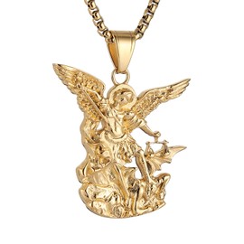 AsAlways St. Michael the Archangel Necklace for Men Stainless Steel Retro Gold Angel Exorcism Protect Amulet Pendant Necklace Jewelry Gift, Stainless Steel, No Gemstone