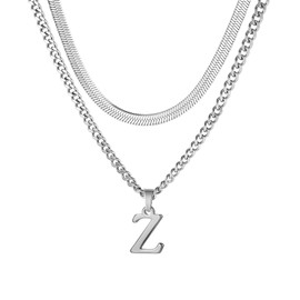 XSDSLS Men's Silver Chain with Letters, Stainless Steel A-Z Letter Initial Pendant Necklace, Cuban Chain, Snake Chain, Adjustable Layered Chains, Christmas for Men, 45/55 cm, Stainless Steel, No