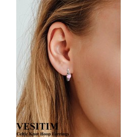 Vesitim Celtic Knot Hoop Earrings 925 Sterling Silver Heart Huggie Earring Created Pink Tourmaline Jewelry Gift for Women