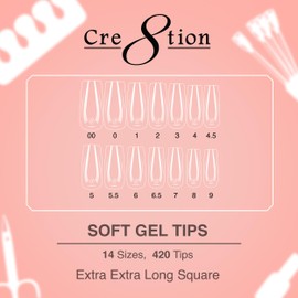 Cre8tion Soft Gel Nail Tips, Extra Extra Long Square Shape, 602 Tips in 14 Sizes (00-9) for Professional Nail Extensions