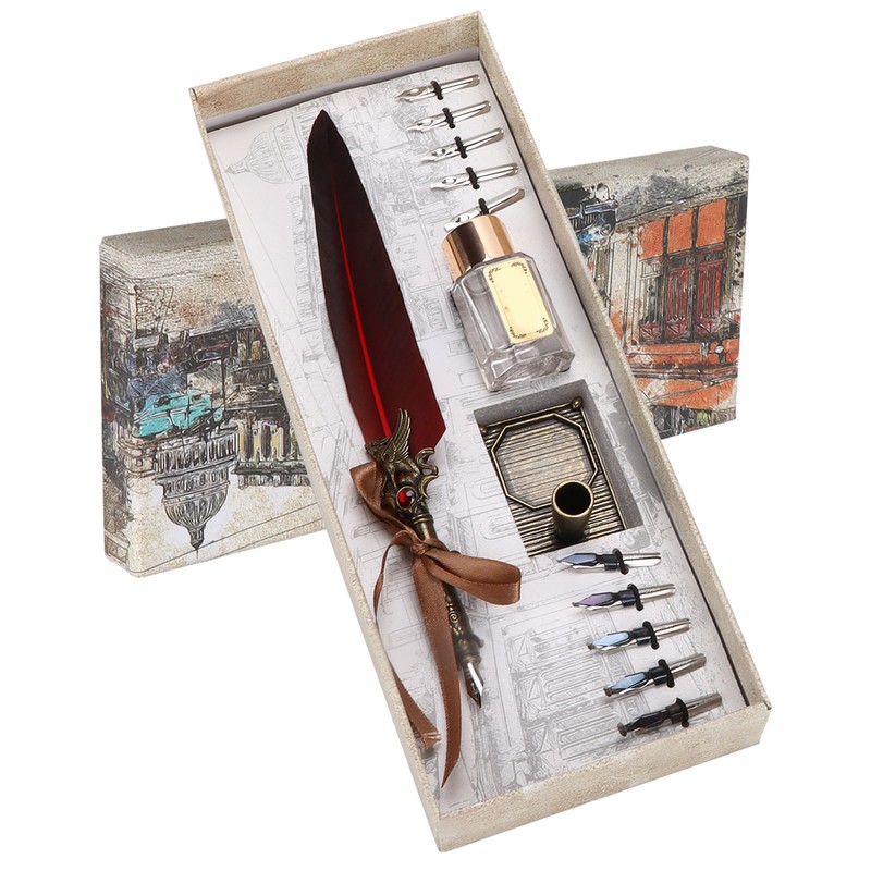 Feather Pen Set Vintage Creativity Ink Carving Writing Suit for
