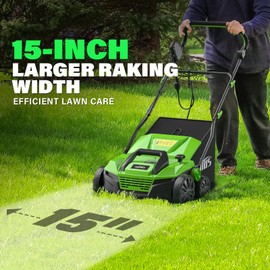 SOYUS 15-Inch 13-Amp Electric Dethatcher and Scarifier with 45L Removable Thath Collection Bag, Corded Lawn Dethatcher with 5-Position Depth Adjustment, Quick-Fold, Increases Lawn Health