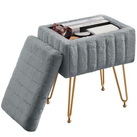 Sweetcrispy Vanity Stool Chair with Storage, Ottoman Faux Fur Soft Padded Makeup Footstools Seat with 4 Metal Legs Anti-Slip Adjustable Feet for Home Entryway Bedroom, Grey