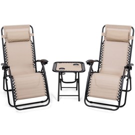 Giantex 3 PCS Zero Gravity Chair Patio Chaise Lounge Chairs Outdoor Yard Pool Recliner Folding Lounge Table Chair Set Backyard Lounge Chairs (Beige)