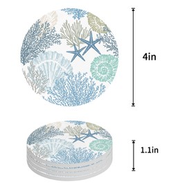 Coasters for Drinks Set of 4 with Holder Light Blue Ocean Coral Seashell Starfish Abstract Ceramic Cup Mat Absorbent Ceramic Stone Coasters with Cork Base for Coffee Cups Wooden Table Home Decor 4in