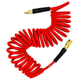 YOTOO Polyurethane Recoil Air Hose 3/8" Inner Diameter by 25' Long with Bend Restrictor, Repairable 1/4" Industrial Quick Coupler and Plug, Red