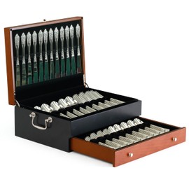 boldworks Silverware Storage Box Silverware Chest Case for Silver Flatware with Lid Tarnish Proof Felt Lined Partition and Drawer Holds Service for 14 Includes Polishing Cloth