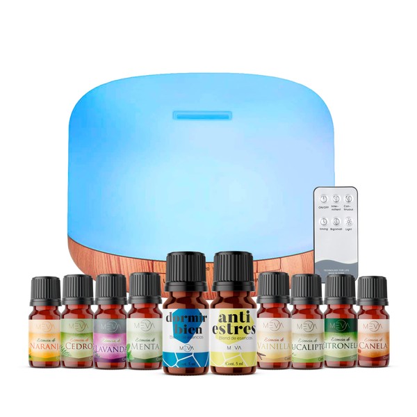 MEVA aromaterapia DIFUSOR de Aceite Aromas Esencial con 10 esencias de Regalo, ULTRASONICO, 7 Colores LED, humificador de Aceite Esencial (Madera + 7 Colores)