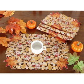 Juego de 4 manteles individuales lavables bordados, con diseño de hojas de arce, para decoración de otoño u otoño (juego de 4 manteles individuales de 13 x 19 pulgadas, hojas de arce, 2)