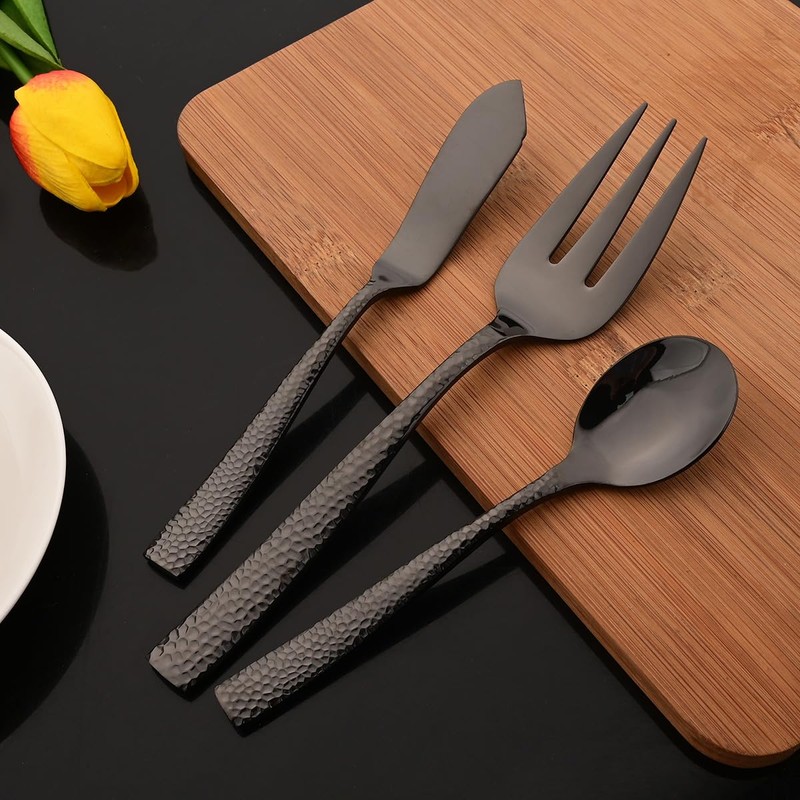 JASHII 5-Piece Black Hammered Flatware Hostess Set Stainless Steel Serving