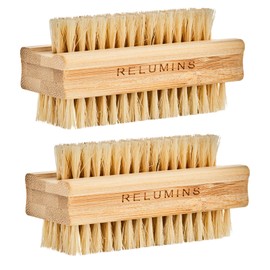 Relumins Dual Sided Nail Brush Bamboo Handle Bristle Exfoliating Tool for Hand Foot Care Grooming Travel Hygiene Use - 2 PC Set