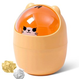Cute Mini Desktop Trash Can, Cartoon Cat Animal Shape Waste Paper Bin with Swing Lid Mini Countertop Trash Can Small Garbage Can(Yellow)