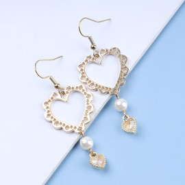 Cimenexe Bohemian Crystal Heart Dangle Earrings Hollow Heart Hook Earrings Gold Pearl Drop Earrings Rhinestone Love Heart Earrings Jewelry for Women and Girls